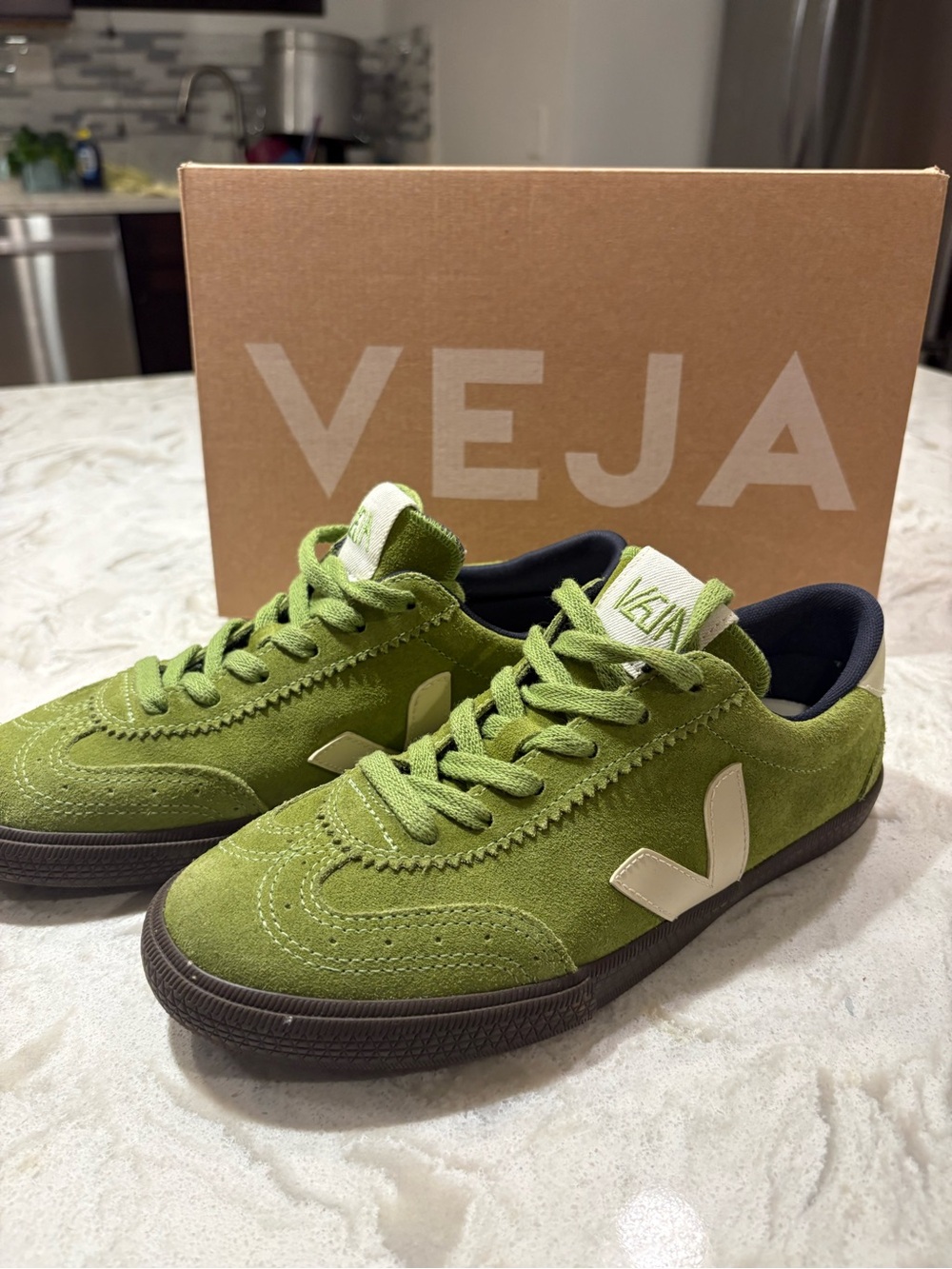 Veja Campo Suede Sneakers in Olive Green with Cream V Logo